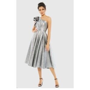 MAC DUGGAL One Shoulder Bow Midi Dress Size 2 Silver NEW Party Formal Wedding